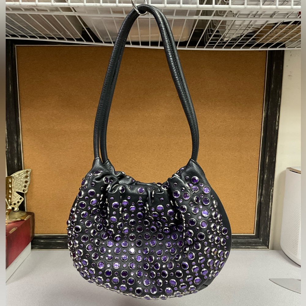 Sonia Rykiel Paris Black Shoulder Bag with Purple Stud Accents
